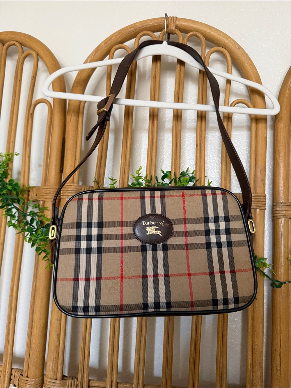 Burberry Tan Plaid Crossbody with Brown Leather Strap